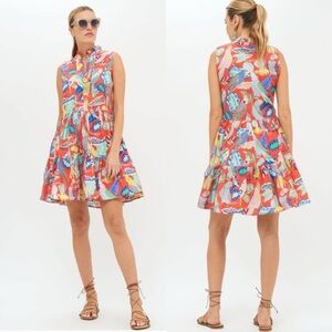 OLIPHANT Size S Yoke Dress Coral Polly Tropical Print Sleeveless Ruffle Collar